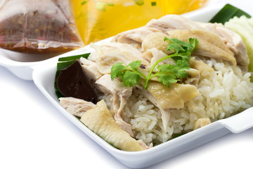 Steamed chicken with rice in foam package white background


