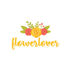 Vector hand drawn writing flower logo, label, badge in modern ink calligraphy style. Card with bouquet.