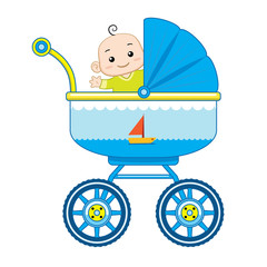 Cheerful Baby Boy in her Baby Carriage