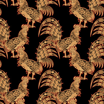 Seamless pattern with decorative roosters.