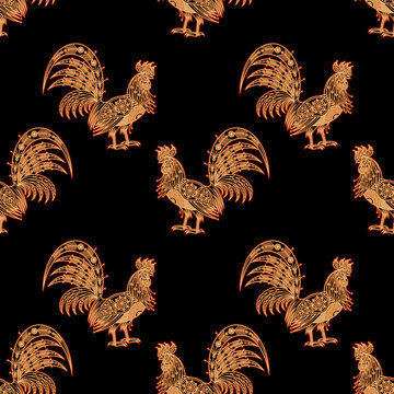 Seamless pattern with decorative roosters.
