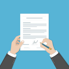 Businessman signing a document. Man hands with pen and contract. The process of business financial agreement. Document with a signature. Vector illustration view from above.