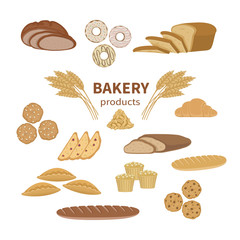 Set of bakery fresh bread and pastry. Food Collection and shop elements of sliced ??loaf, french baguette, rye bread, wheat branch, croissant, muffins, biscotti, cookies, pies, donut.Vector 