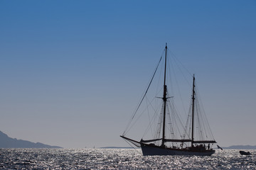 Luxury sailing ship on the sea at sunset, Marseille