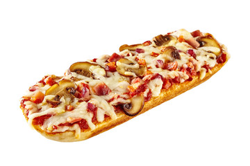 Toasted baguette with tomato, cheese and mushrooms