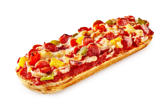 Long pizza sandwich over white background