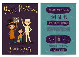 Halloween party invitation set with place for text. Funny kids in carnival costumes mummy, vampire and witch with sign - Trick or Treat. Vector illustration on perpl and blue background