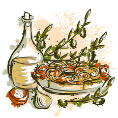Italian pasta with olive oil, branches, olives, tomatoes and garlic in watercolor style. Vintage hand drawn vector illustration in sketch style
