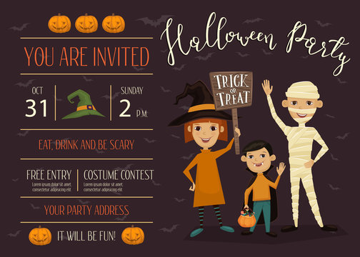 Halloween Night Party Invitation With Place For Text. Funny Kids In Carnival Costumes Mummy, Vampire And Witch With Sign - Trick Or Treat. Halloween Creative Design Template, Vector Illustration.