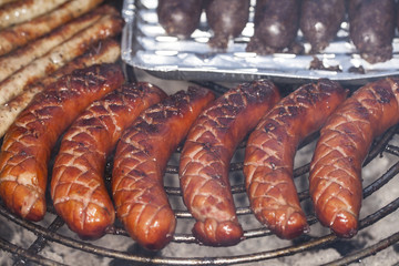 beautifully burnt grilled sausages, different types