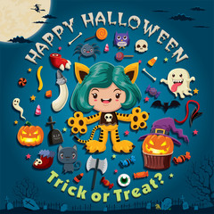 Vintage Halloween poster design with vector cat character.