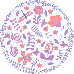 Vector illustration of circle made of flowers and butterflies. Round shape made of butterflies, leaves and flowers.