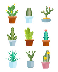 Cartoon cactus, desert plants vector icons