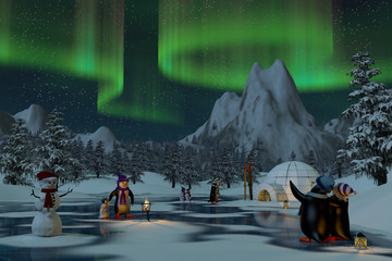 Penguins under northern lights in a winter landscape, 3d render - 123522930