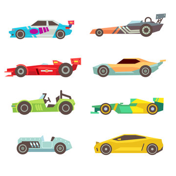 Sport racing car flat vector icons isolated on white