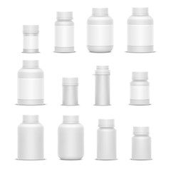 Realistic vector plastic packaging medicine bottles for cosmetics vitamins pills or capsules