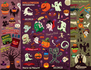 Vintage Halloween poster design set with vector vampire, witch, mummy, wolf man, ghost, character.