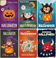 Vintage Halloween poster design set with vector vampire, witch, mummy, wolf man, ghost, jack o lantern character.