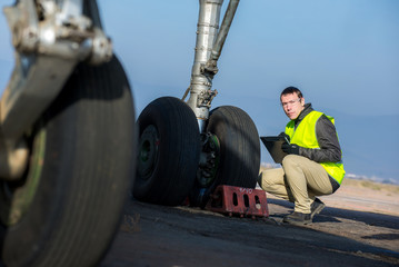 Airport worker checking chassis
