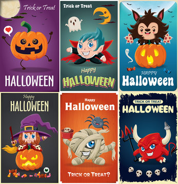 Vintage Halloween poster design set with vector vampire, witch, mummy, wolf man, ghost, jack o lantern character.