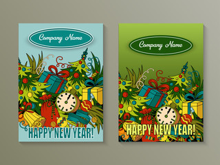 Cartoon cute colorful vector hand drawn doodles New Year season. 2 vertical flyers design.