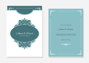 Wedding invitation and envelope template with laser cutting filigree oval frame. Emerald and white colors.