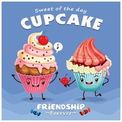 Vintage Cupcake poster design with vector cupcake character.