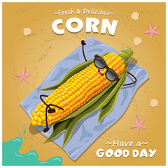Vintage corn poster design with vector corn character.