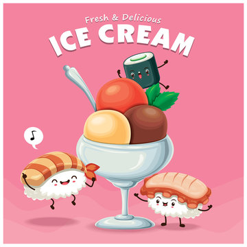Vintage Sushi ice cream poster design with vector sushi character. 