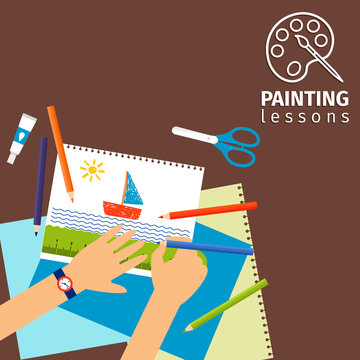 Kids painting lessons with kids hands scissors and paper vector illustration