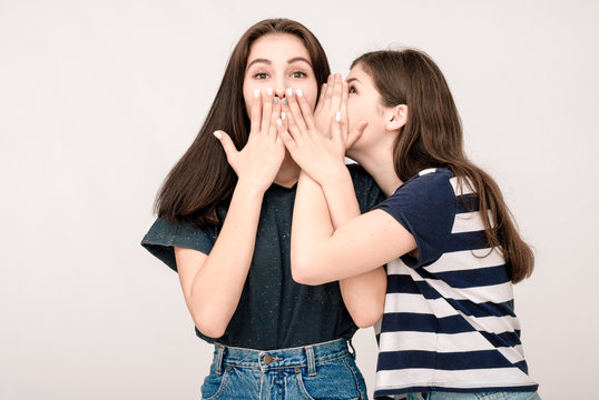 Portrait of a two girls gossip on gray background