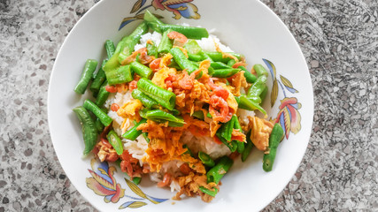 Fried rice with Fatback lentils dried shrimp and eggs