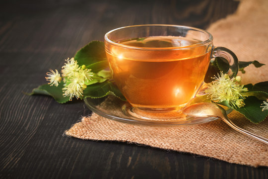 Linden tea in a glass cup.