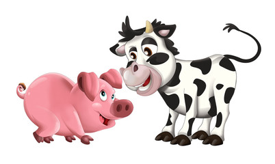 Cartoon funny young pig and cow - friends - isolated - illustration for children