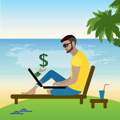 Obraz na płótnie Canvas freelancer working at a laptop on the beach