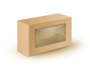 Vector Brown Blank Cardboard Rectangle Take Away Box Packaging For Sandwich, Food, Gift, Other Products with Plastic Window Mock up Close up Isolated on White Background