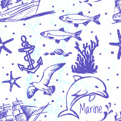 Ink hand drawn marine world seamless pattern