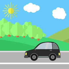 Black Car on a Road on a Sunny Day. Summer Travel Illustration.
