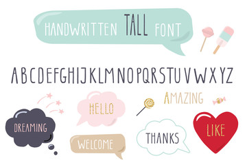 Hand drawn narrow font. Tall alphabet. Doodle hand written thin letters. Hipster style.