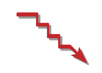 Red arrow pointing downwards showing crisis. Vector illustration