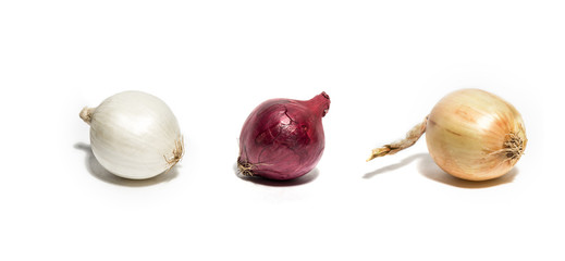 Red, yellow and bulb onions isolated on white