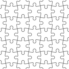 Jigsaw puzzle seamless background. Mosaic of white puzzle pieces with black outline in linear arrangement. Simple flat vector illustration.