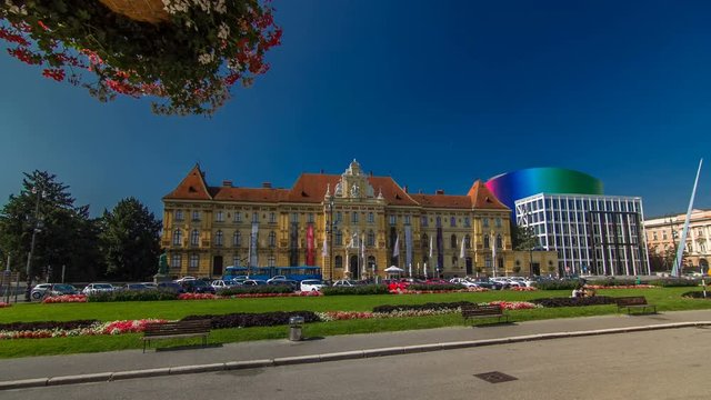 A view of the Museum of Arts and Crafts timelapse hyperlapse in Zagreb during the day. ZAGREB, CROATIA