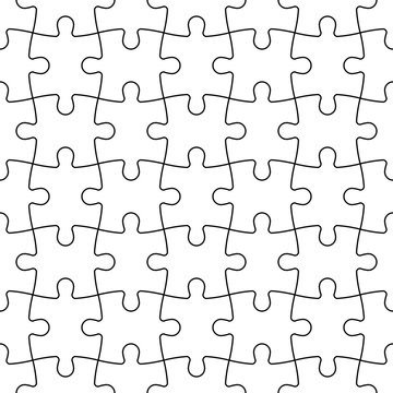 Jigsaw puzzle seamless background. Mosaic of white puzzle pieces with black outline in linear arrangement. Simple flat vector illustration.