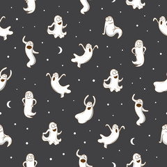 Halloween seamless pattern with cute cartoon ghosts  on gray  background.  Vector image. Funny spook. All Saints' Day.