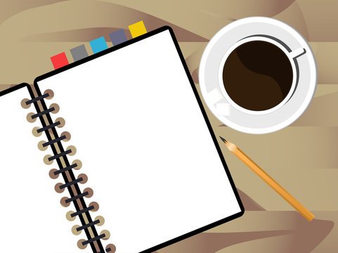 notebook and cup of coffee on the table