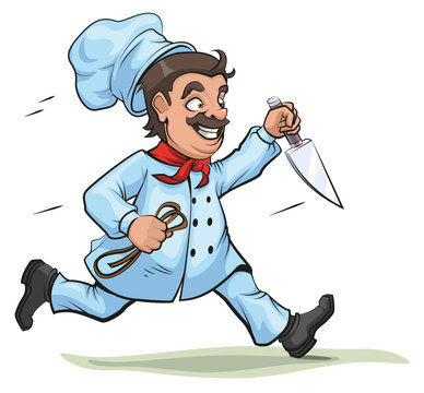 Male Chef runs with knife and rope