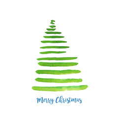 Watercolor vector illustration of Christmas tree. Merry Christmas and Happy New Year greeting card.