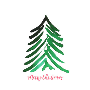 Watercolor vector illustration of Christmas tree. Merry Christmas and Happy New Year greeting card.