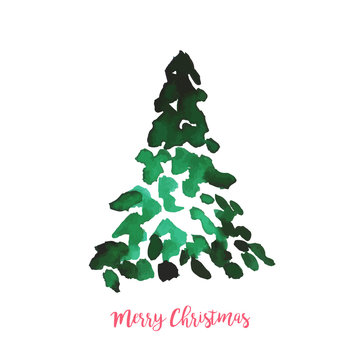 Watercolor vector illustration of Christmas tree. Merry Christmas and Happy New Year greeting card.